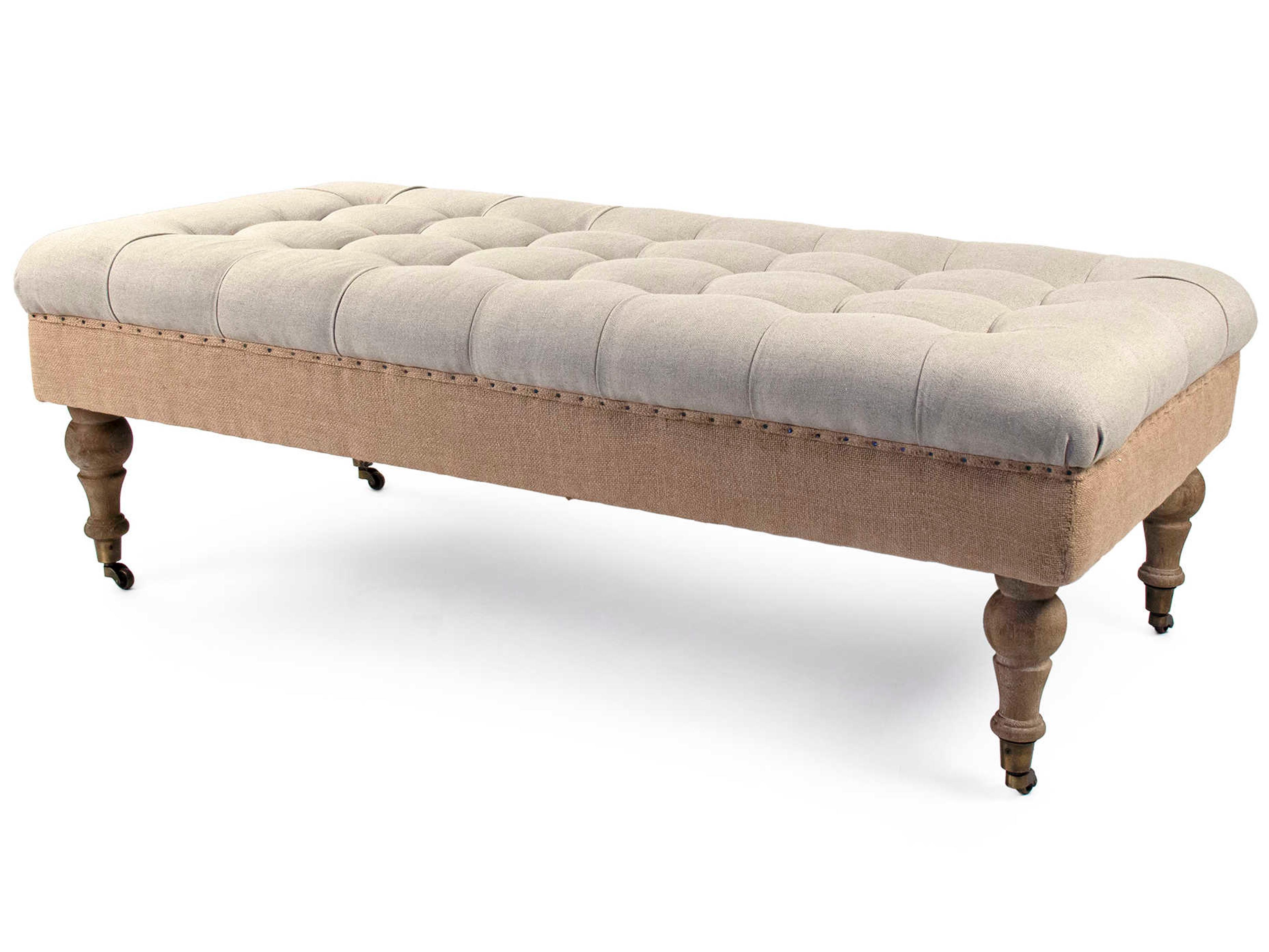 Zentique Maison Natural Linen Jute Beige Upholstered Tufted Ottoman