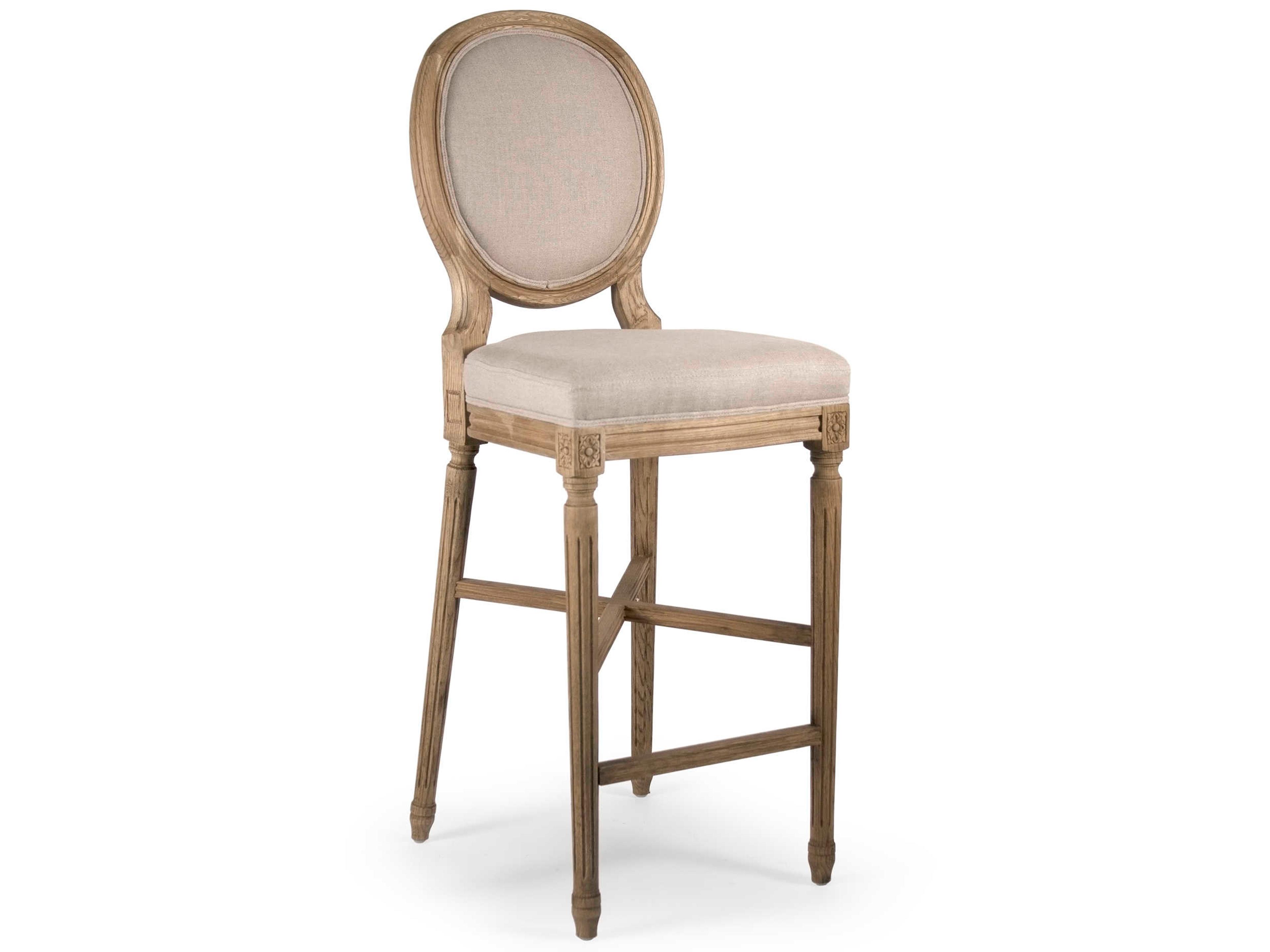 Zentique Medallion Upholstered Oak Wood Natural Linen Bar Stool