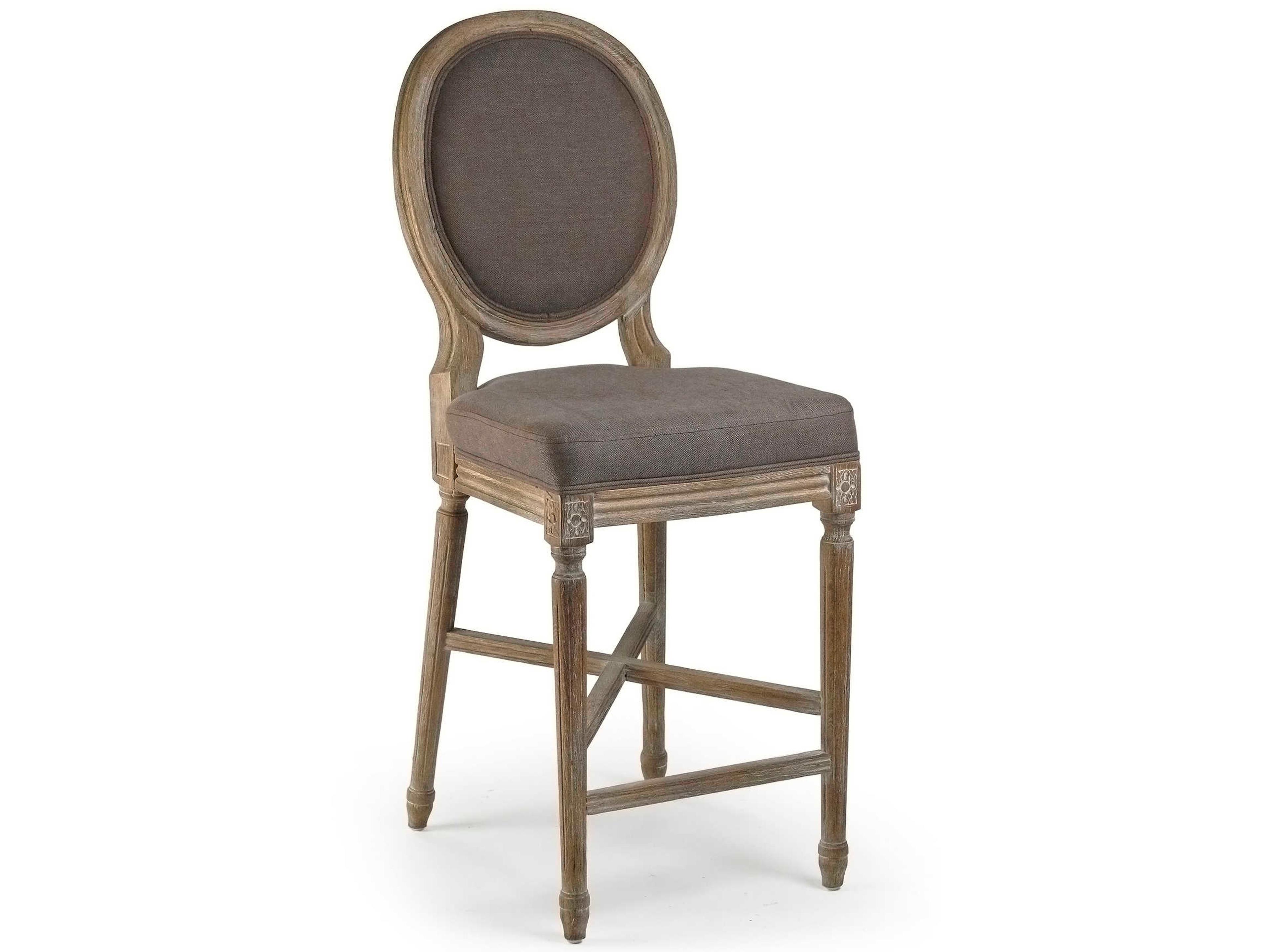 Zentique Medallion Upholstered Oak Wood Grey Linen Counter Stool