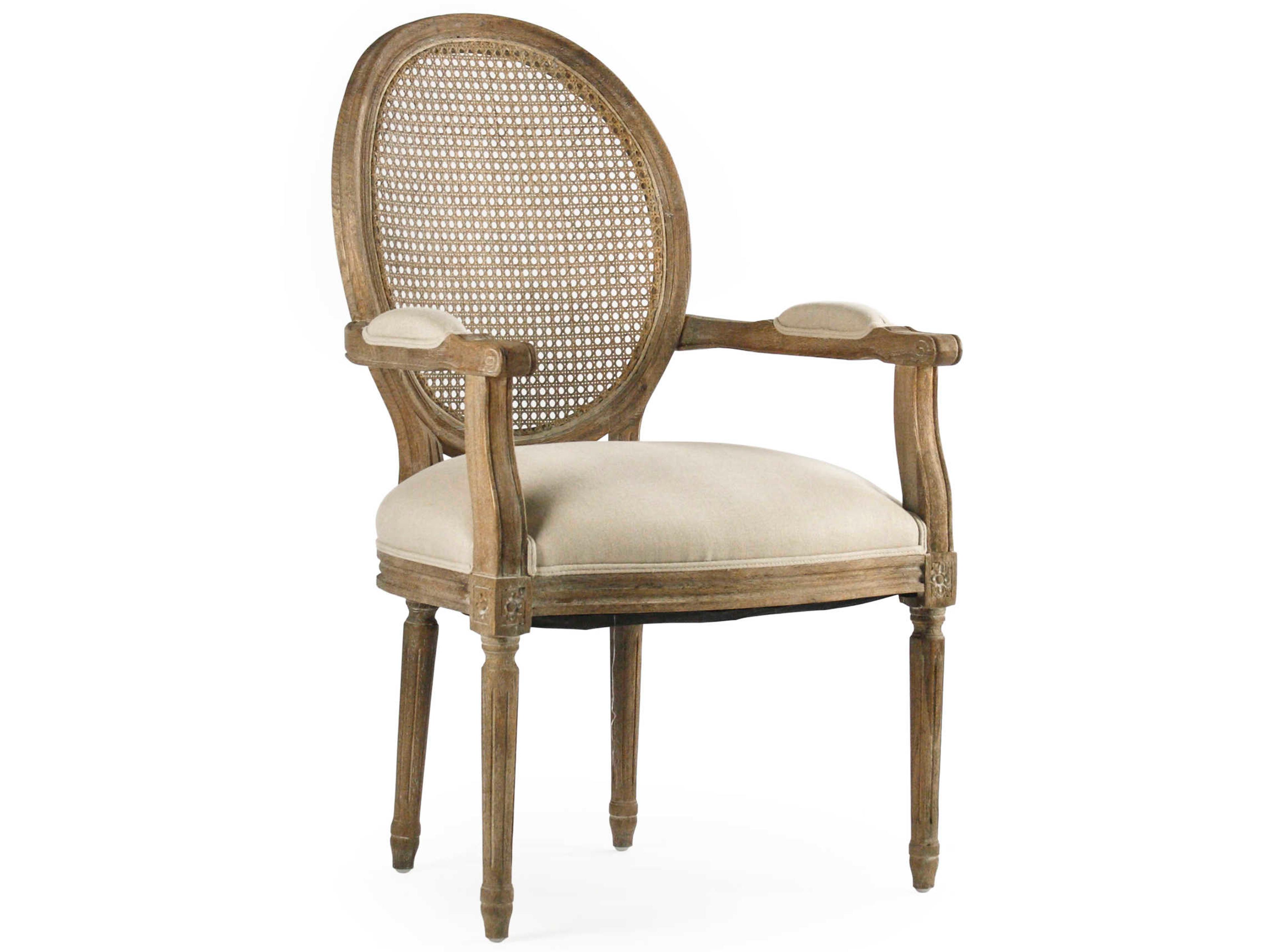 Zentique Medallion Oak Wood Beige Upholstered Arm Dining Chair