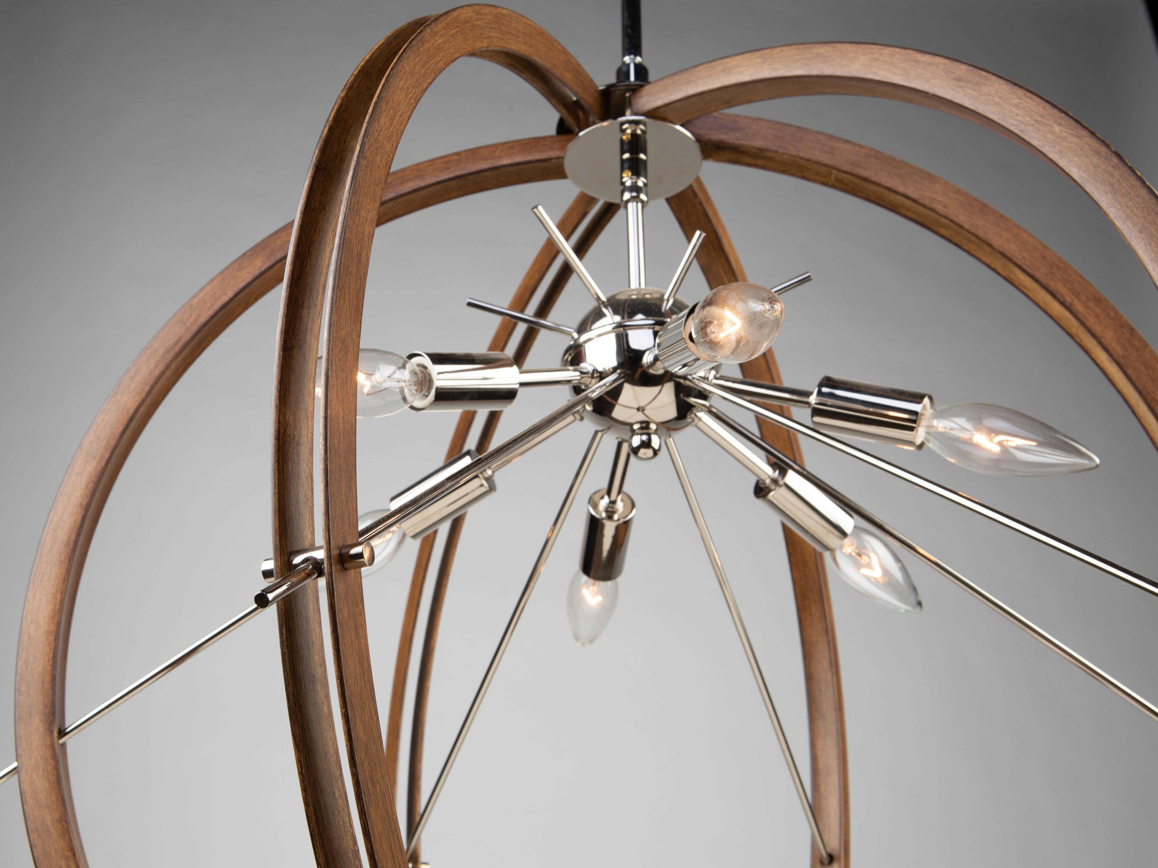 Artcraft Abbey 6-Light Faux Wood Polished Nickel Brown LED Round Pendant