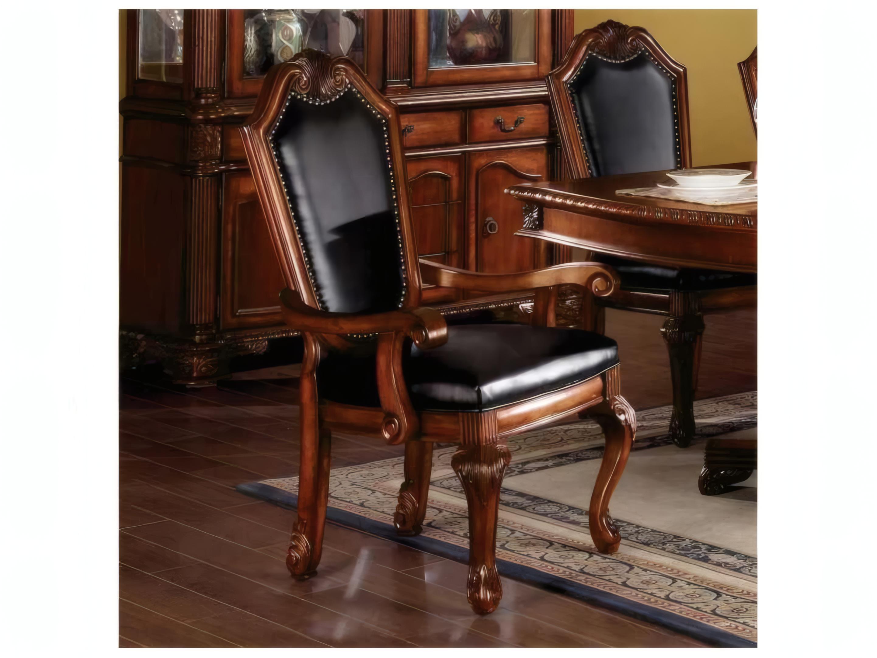 Acme Furniture Chateau De Ville Rubberwood Black Faux Leather Arm Dining Chair Set of 2