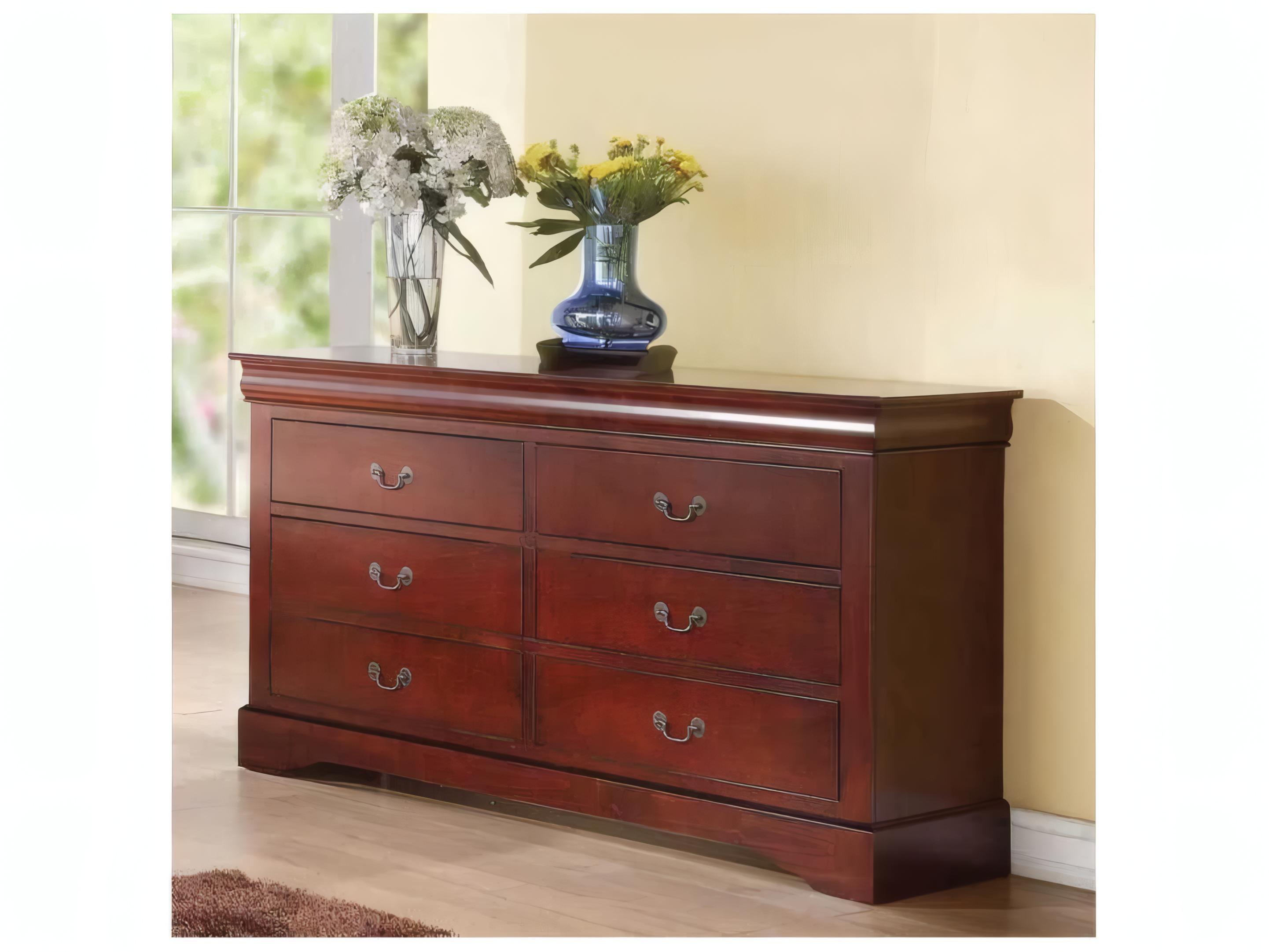 Acme Furniture Louis Philippe 6-Drawers Brown Pine Wood Double Dresser