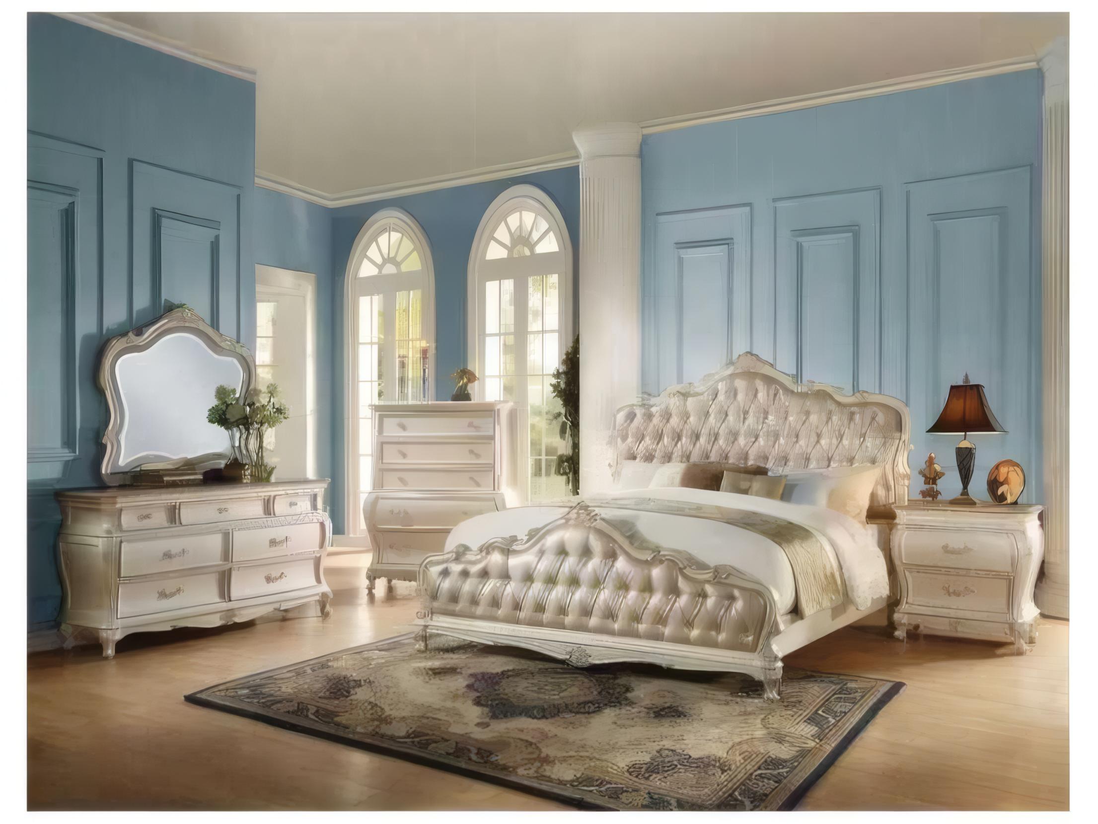 Acme Furniture Chantelle White Birch Wood Upholstered Queen Panel Bed