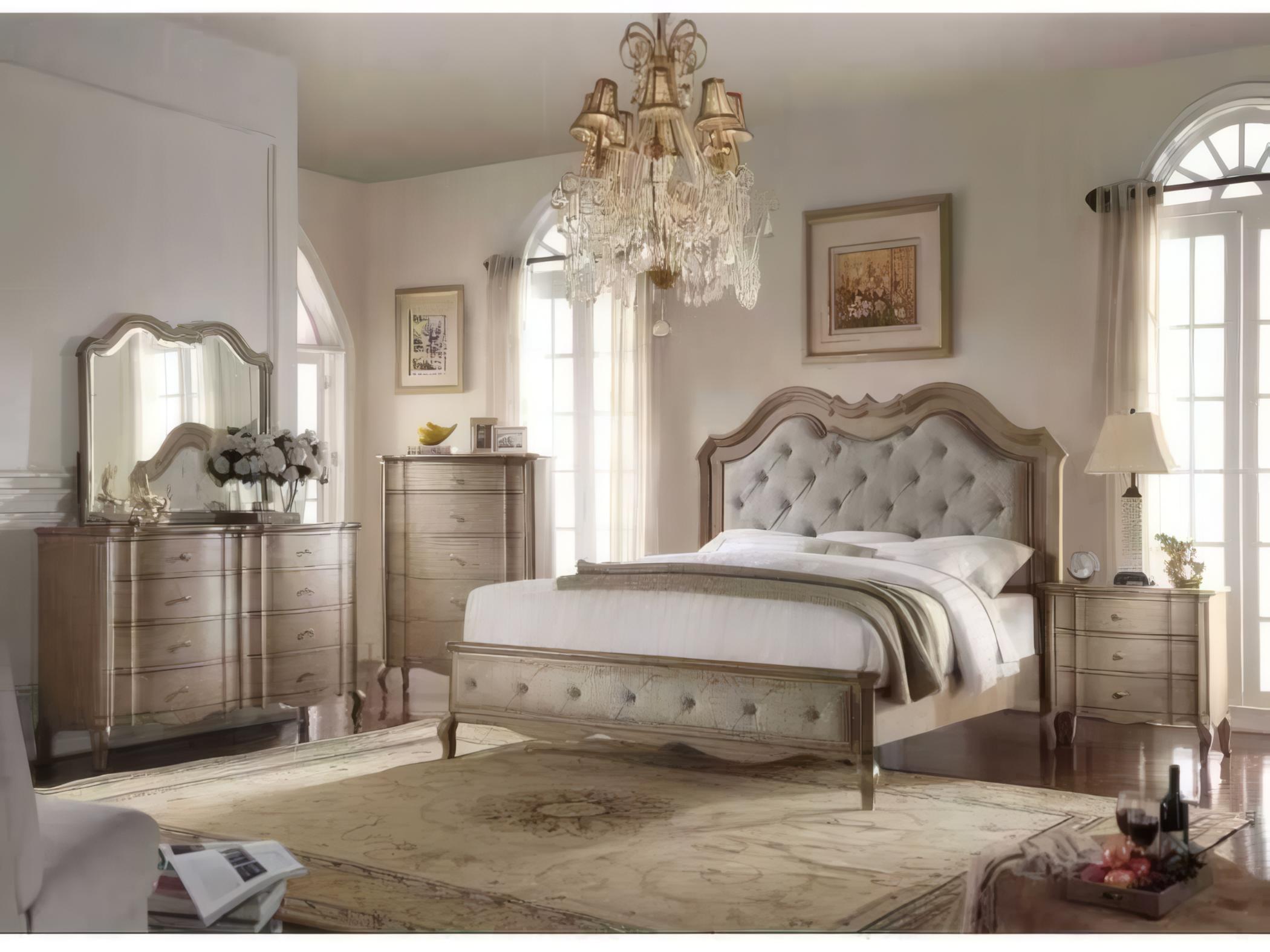 Acme Furniture Chelmsford Beige Fabric Antique Taupe Mindi Wood Upholstered Queen Platform Bed