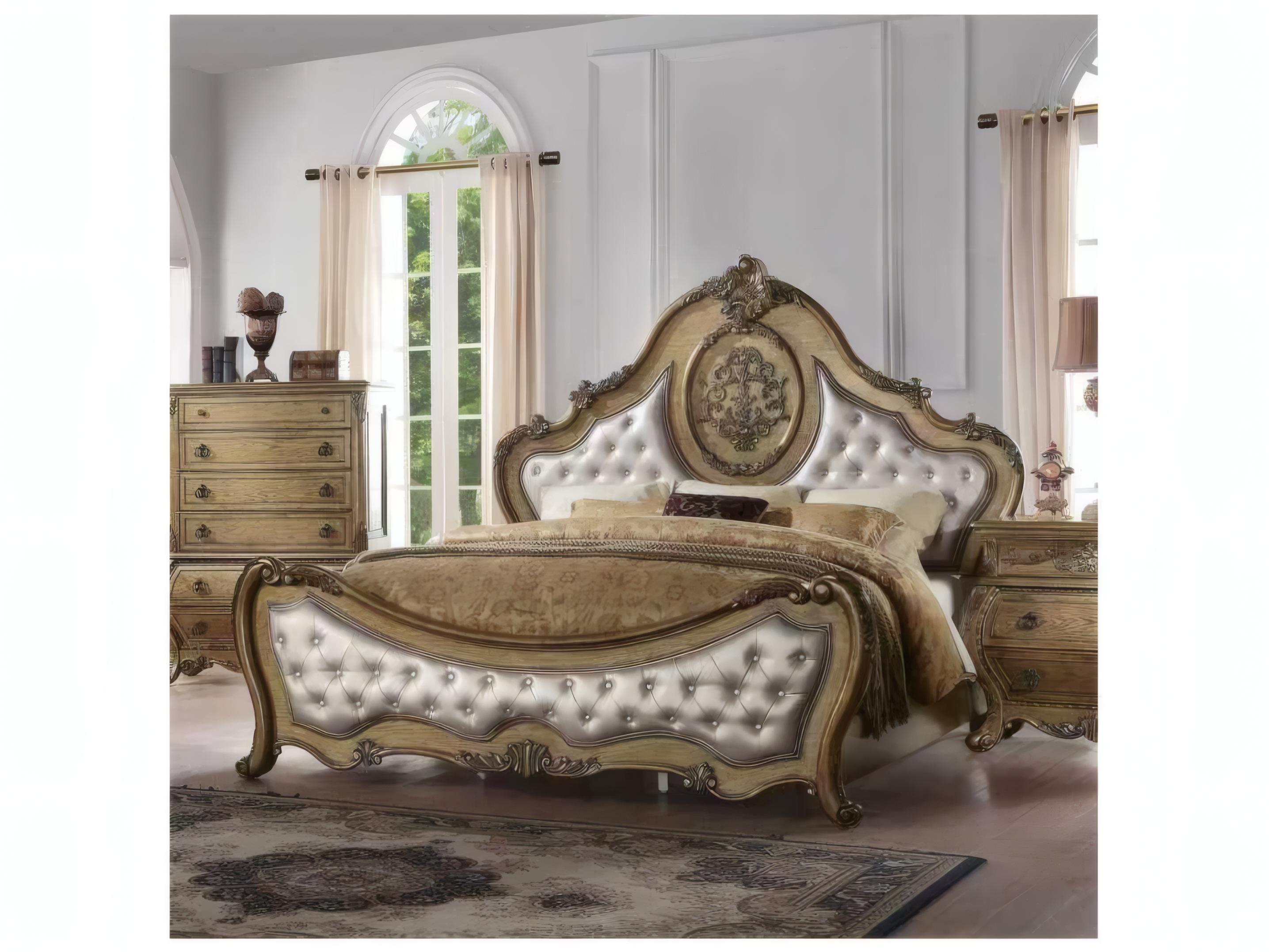 Acme Furniture Ragenardus Synthetic Leather Vintage Oak Brown Wood Upholstered King Panel Bed