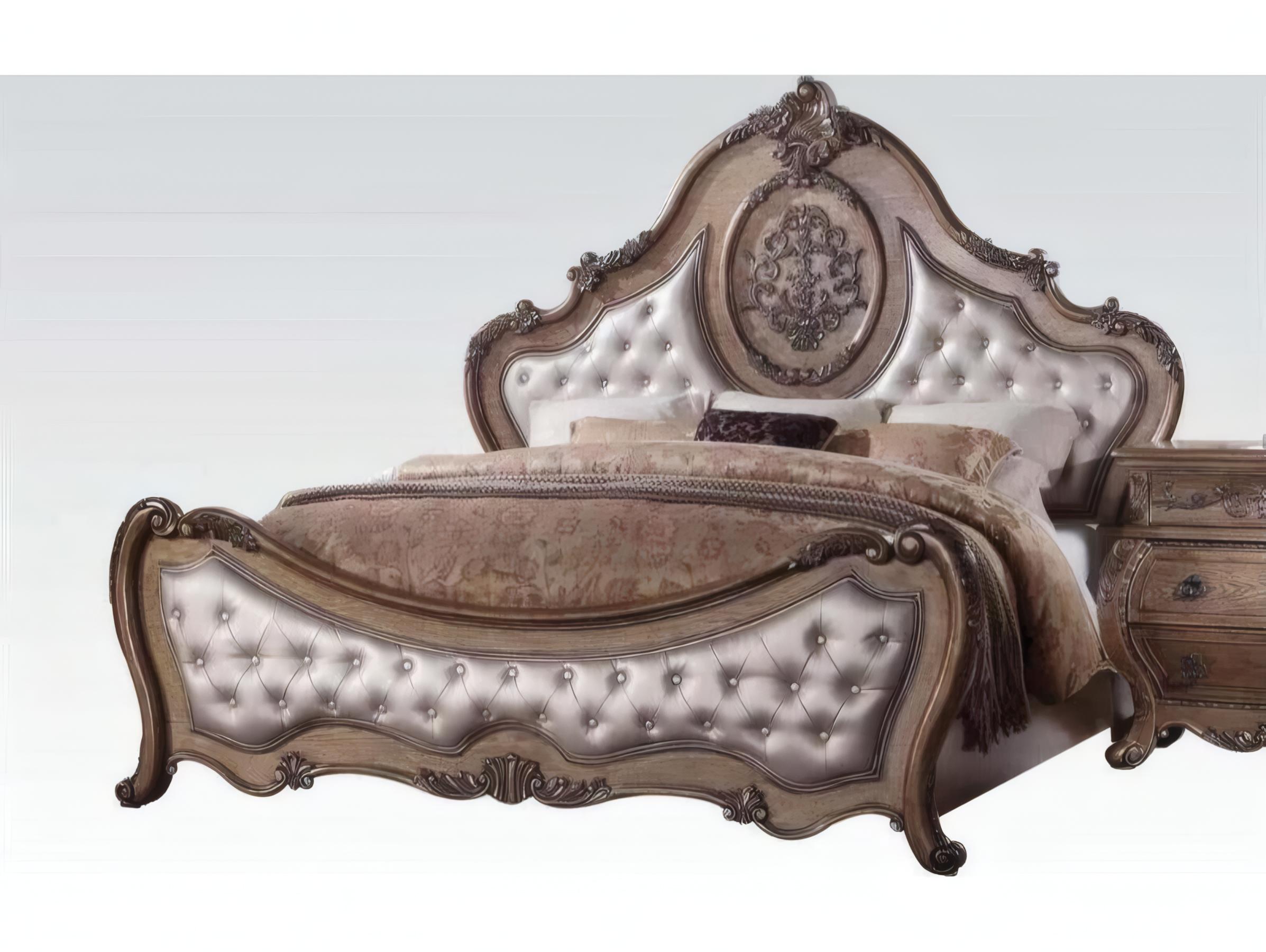 Acme Furniture Ragenardus Synthetic Leather Vintage Oak Brown Wood Upholstered Queen Panel Bed