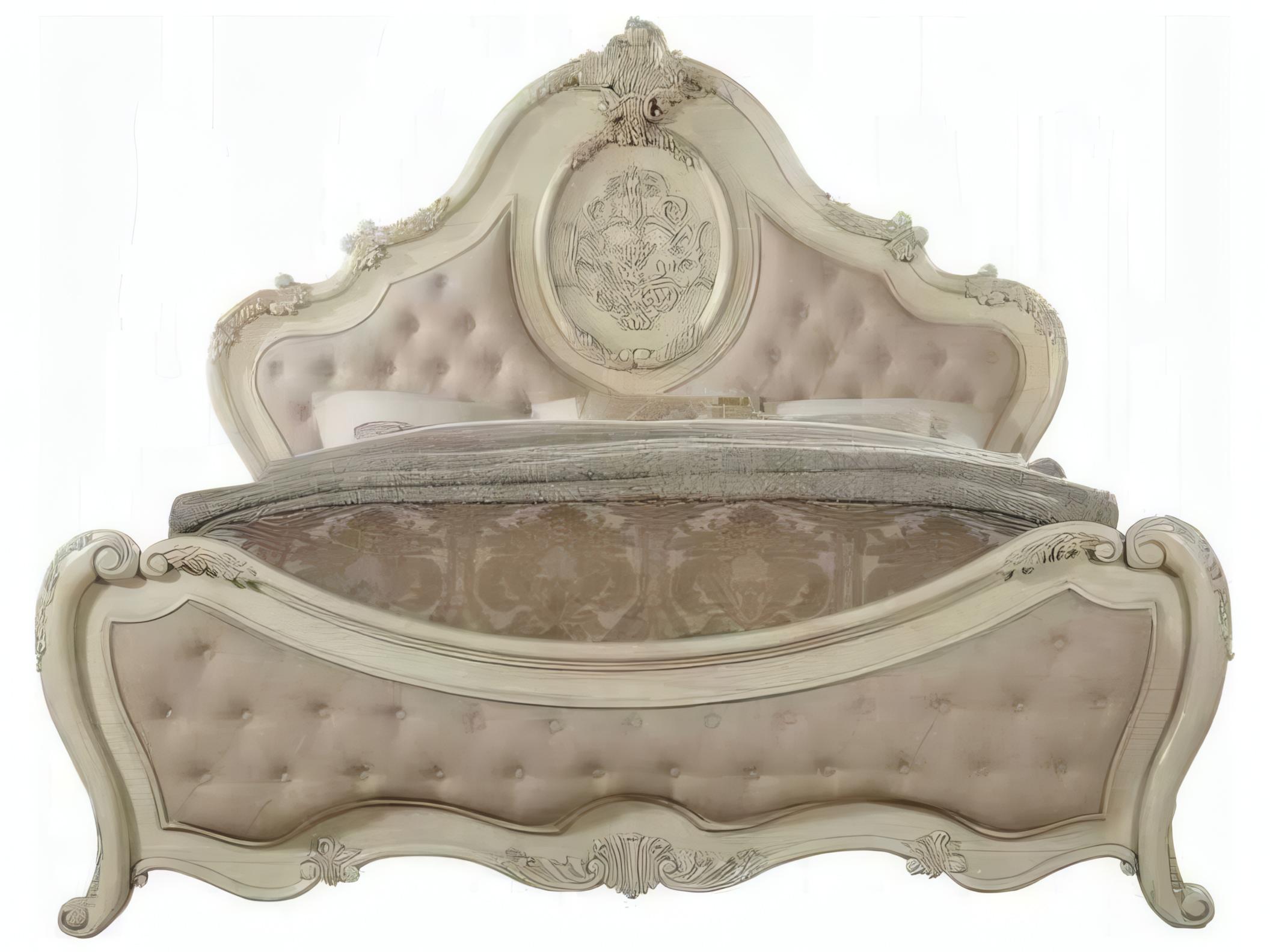 Acme Furniture Ragenardus Beige Linen Antique White Rubberwood Upholstered Queen Panel Bed