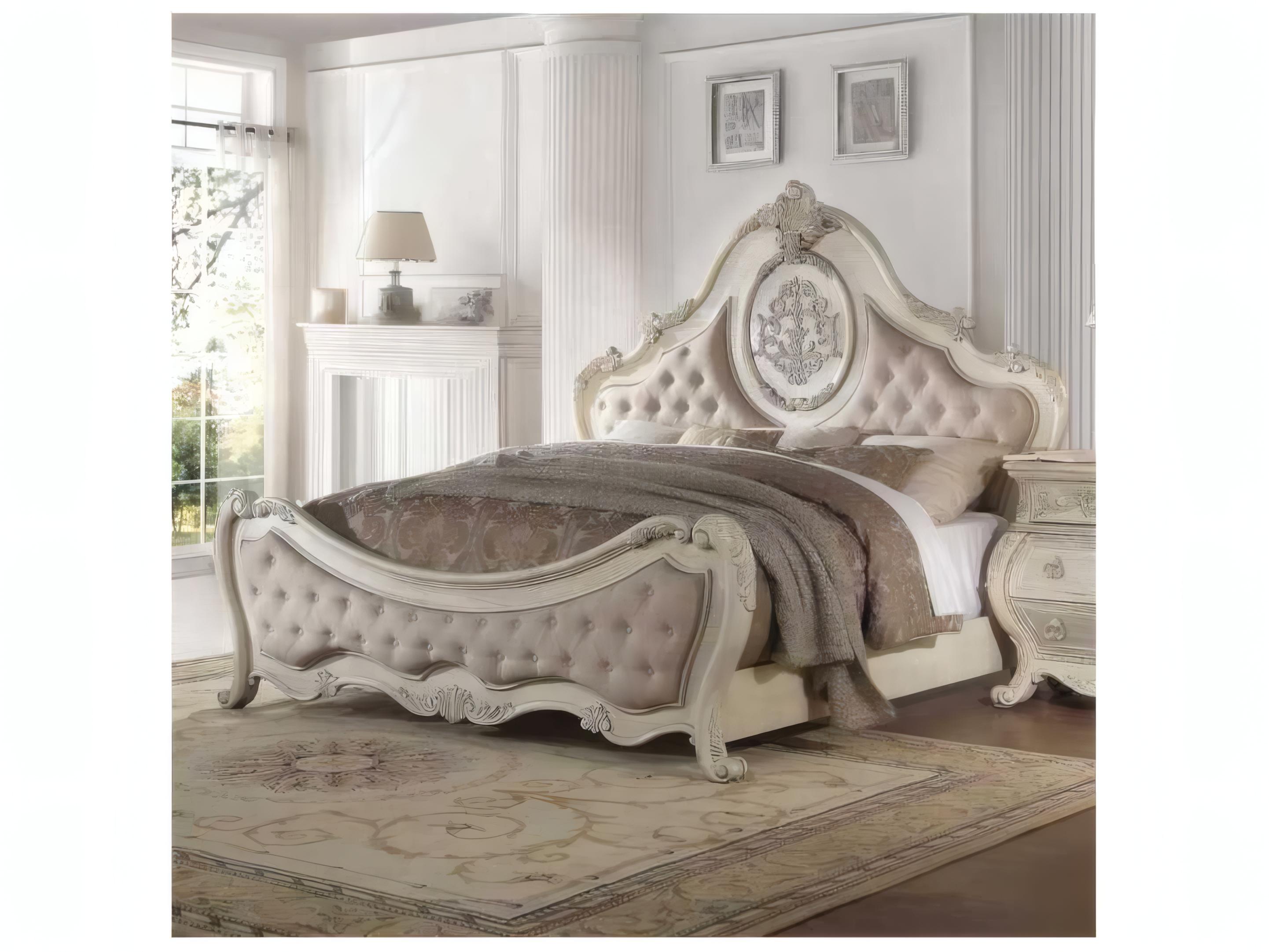 Acme Furniture Ragenardus Beige Linen Antique White Rubberwood Upholstered Queen Panel Bed