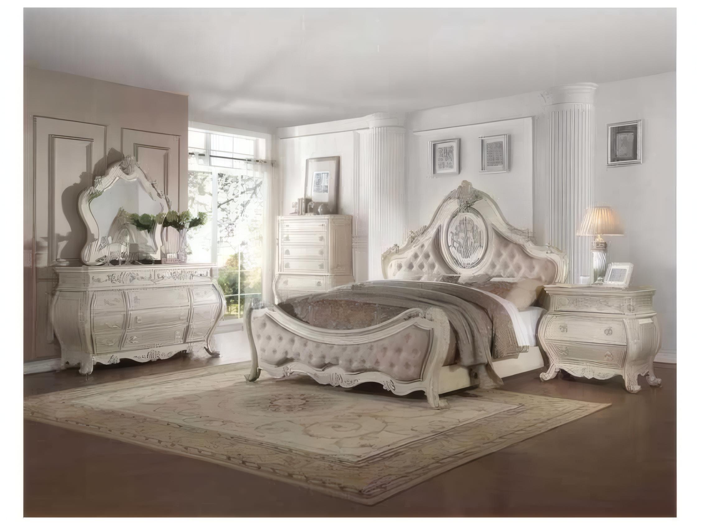 Acme Furniture Ragenardus Beige Linen Antique White Rubberwood Upholstered Queen Panel Bed
