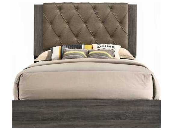 Acme Furniture Avantika Fabric Rustic Gray Oak Wood Upholstered King Platform Bed