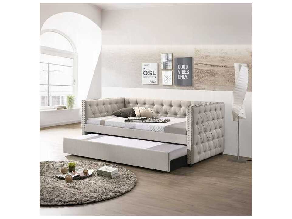 Acme Furniture Romona Beige Fabric Rubberwood Upholstered Full Daybed Bed