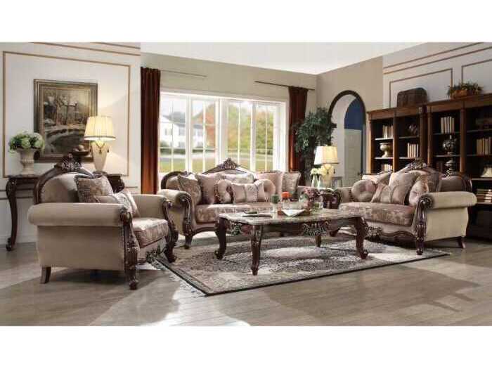 Acme Furniture Mehadi Velvet Walnut Beige Upholstered Sofa