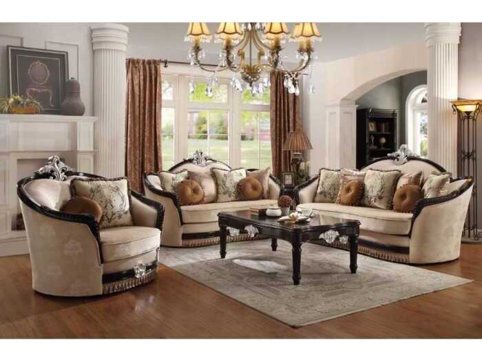 Acme Furniture Ernestine Tan Fabric Black Brown Upholstered Loveseat