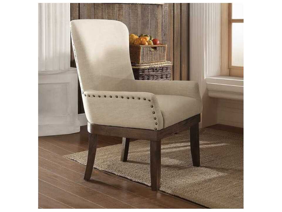Acme Furniture Landon Rubberwood Beige Upholstered Arm Dining Chair