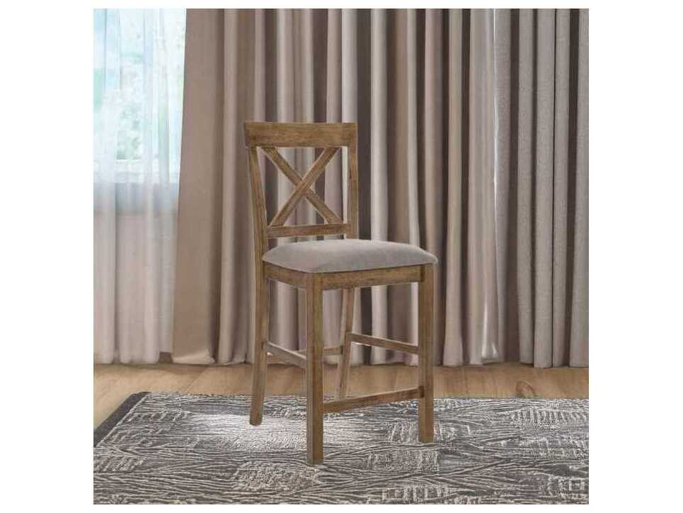 Acme Furniture Marta Tan Linen Weathered Oak Upholstered Rubberwood Counter Stool