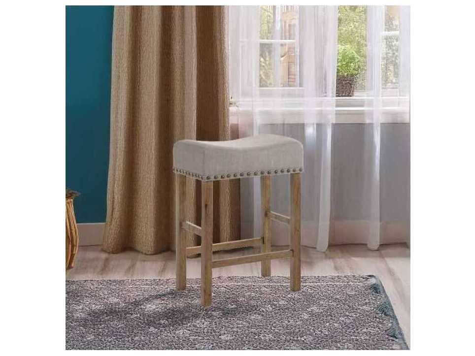 Acme Furniture Marta Tan Linen Weathered Oak Upholstered Rubberwood Counter Stool