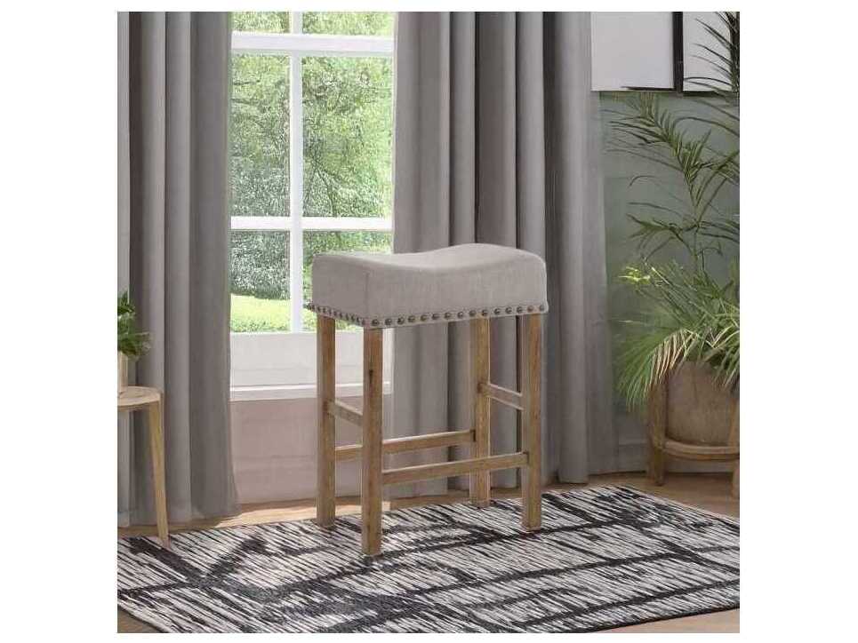 Acme Furniture Marta Tan Linen Weathered Oak Upholstered Rubberwood Counter Stool