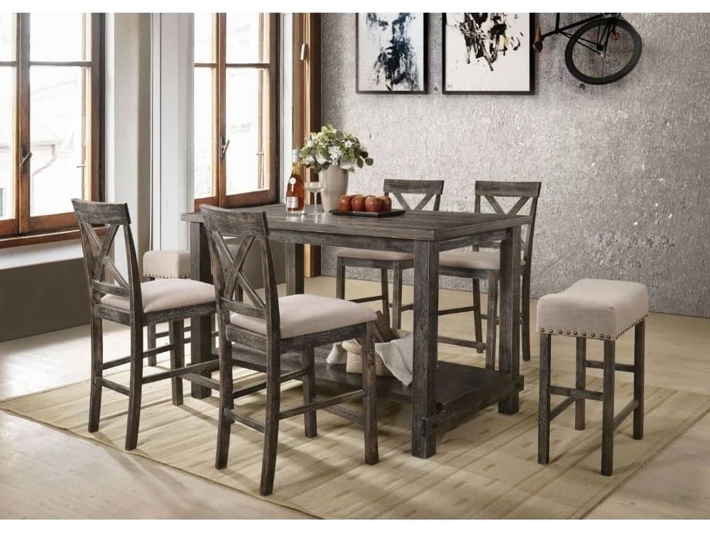 Acme Furniture Marta Tan Linen Weathered Gray Upholstered Rubberwood Counter Stool