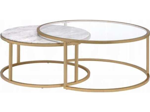 Acme Furniture Round Faux Marble Engineered Stone Top Gold End Table