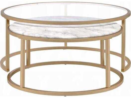 Acme Furniture Round Faux Marble Engineered Stone Top Gold End Table