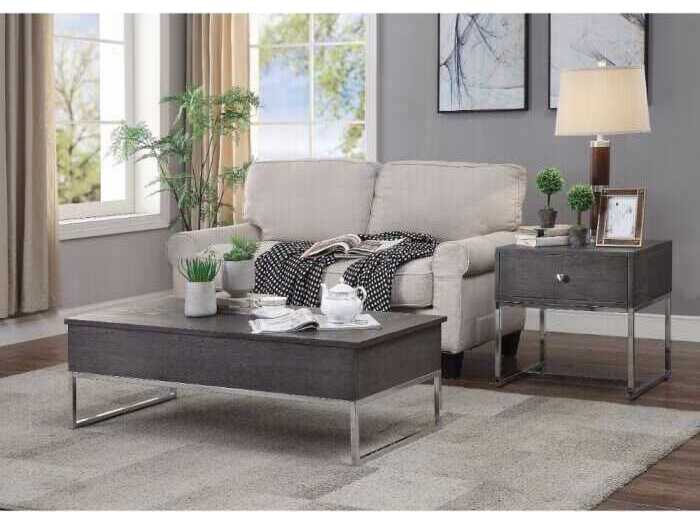 Acme Furniture Iban Rectangular Wood Gray Oak Chrome Coffee Table