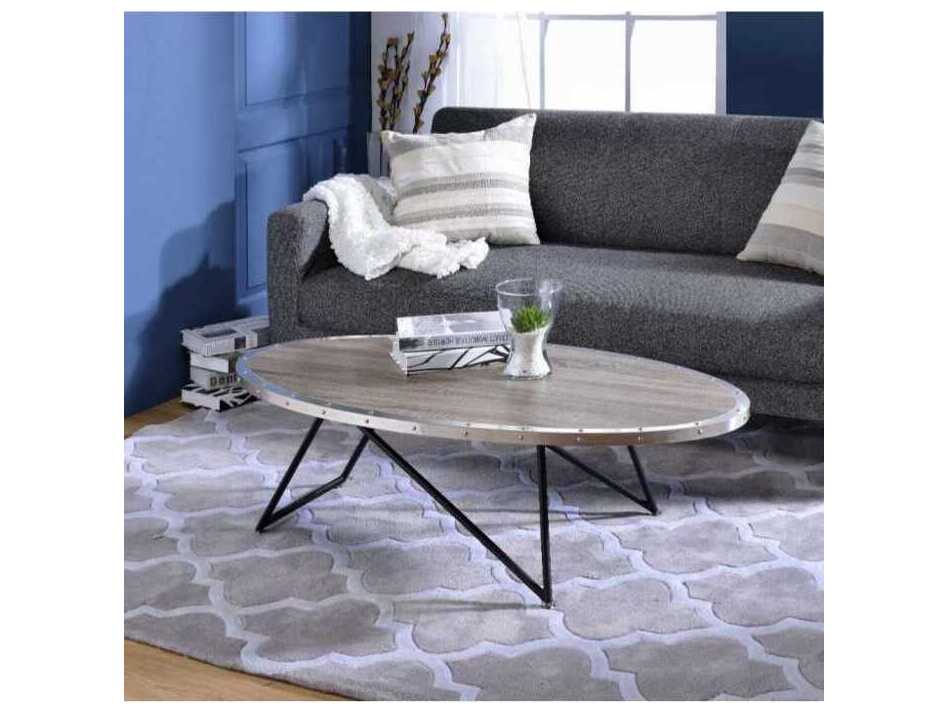 Acme Furniture Oval Wood Weathered Gray Oak Coffee Table