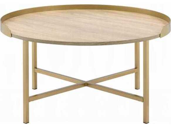 Acme Furniture Mithea Round Wood Oak Table Top Gold Coffee