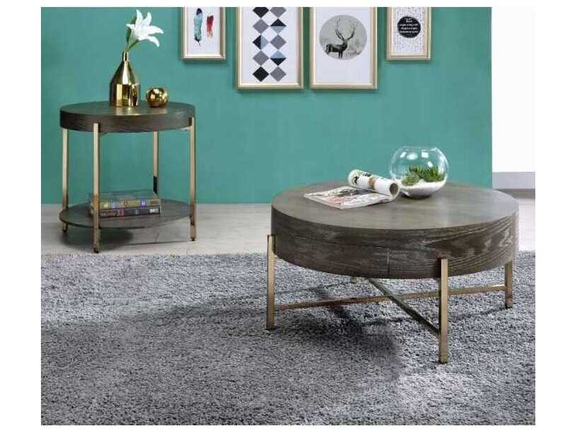 Acme Furniture Round Wood Light Brown Champagne Coffee Table