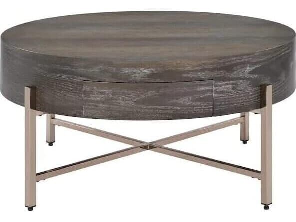 Acme Furniture Round Wood Light Brown Champagne Coffee Table