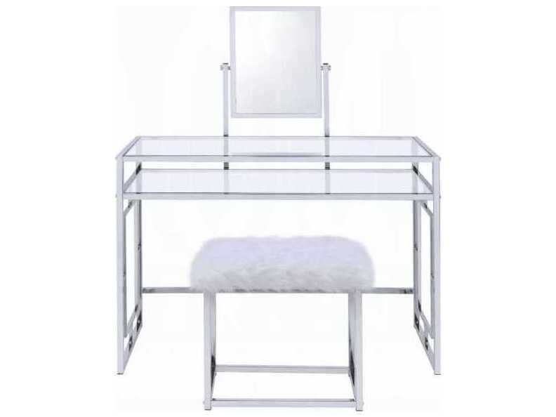 Acme Furniture White Faux Fur Chrome Vanity Table