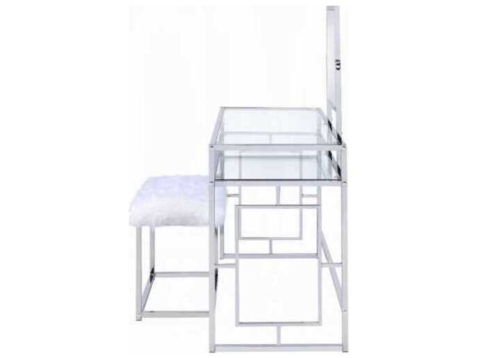 Acme Furniture White Faux Fur Chrome Vanity Table