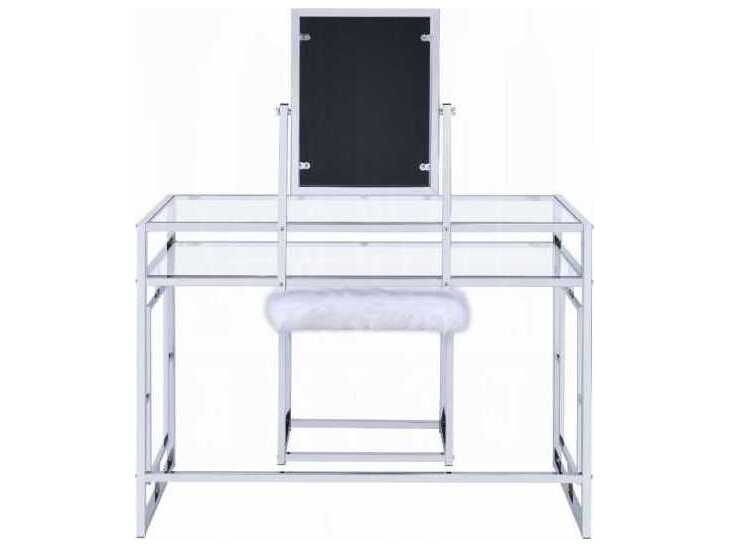 Acme Furniture White Faux Fur Chrome Vanity Table