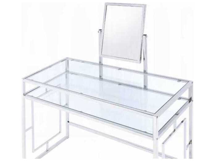 Acme Furniture White Faux Fur Chrome Vanity Table