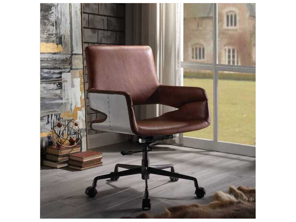 Acme Furniture Brown Leather Adjustable Swivel Computer Office Chair
