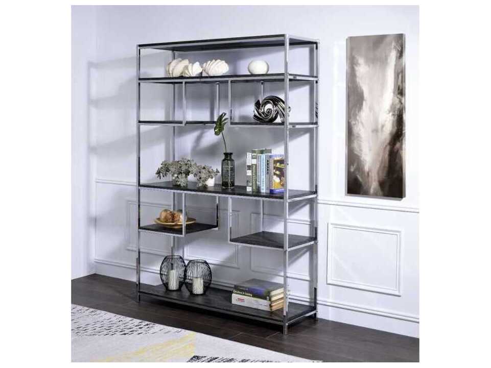 Acme Furniture Rustic Gray Oak Chrome Bookcase