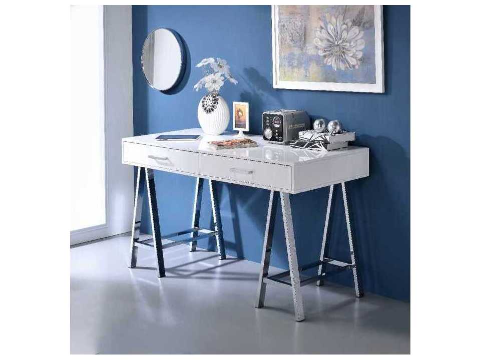 Acme Furniture Coleen White High Gloss Chrome Writing Desk