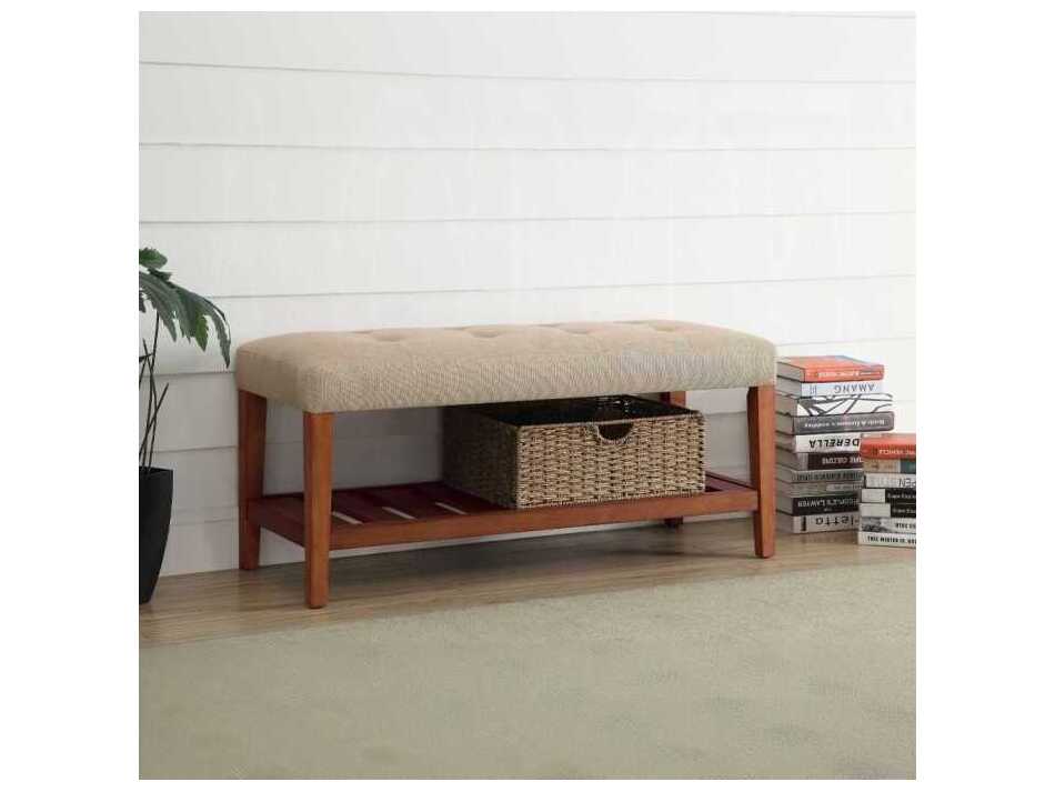 Acme Furniture Charla Beige Oak Upholstered Accent Bench