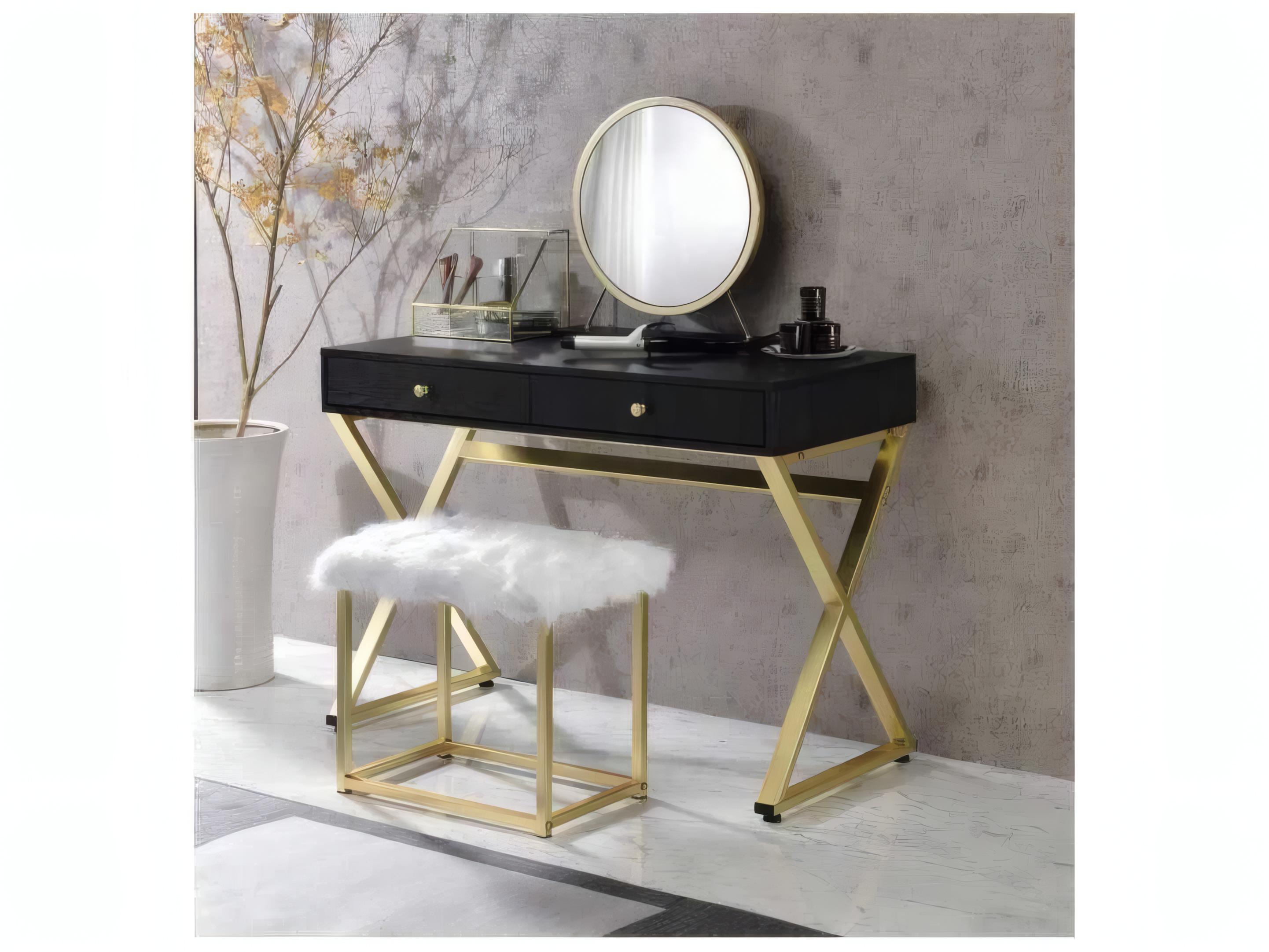 Acme Furniture Adao Faux Fur Mirror Black Brass White Upholstered Accent Stool