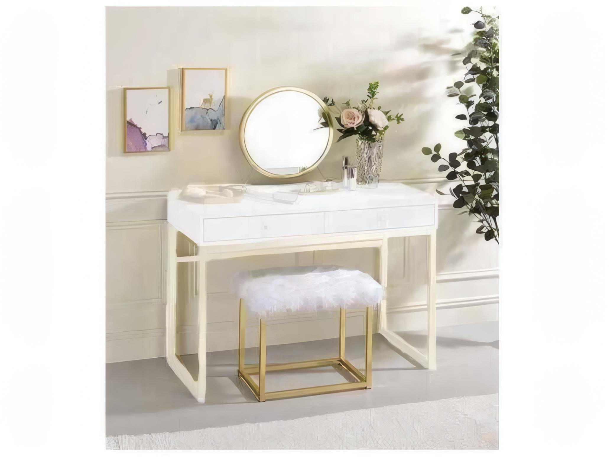 Acme Furniture Adao Faux Fur Mirror White Brass Upholstered Accent Stool