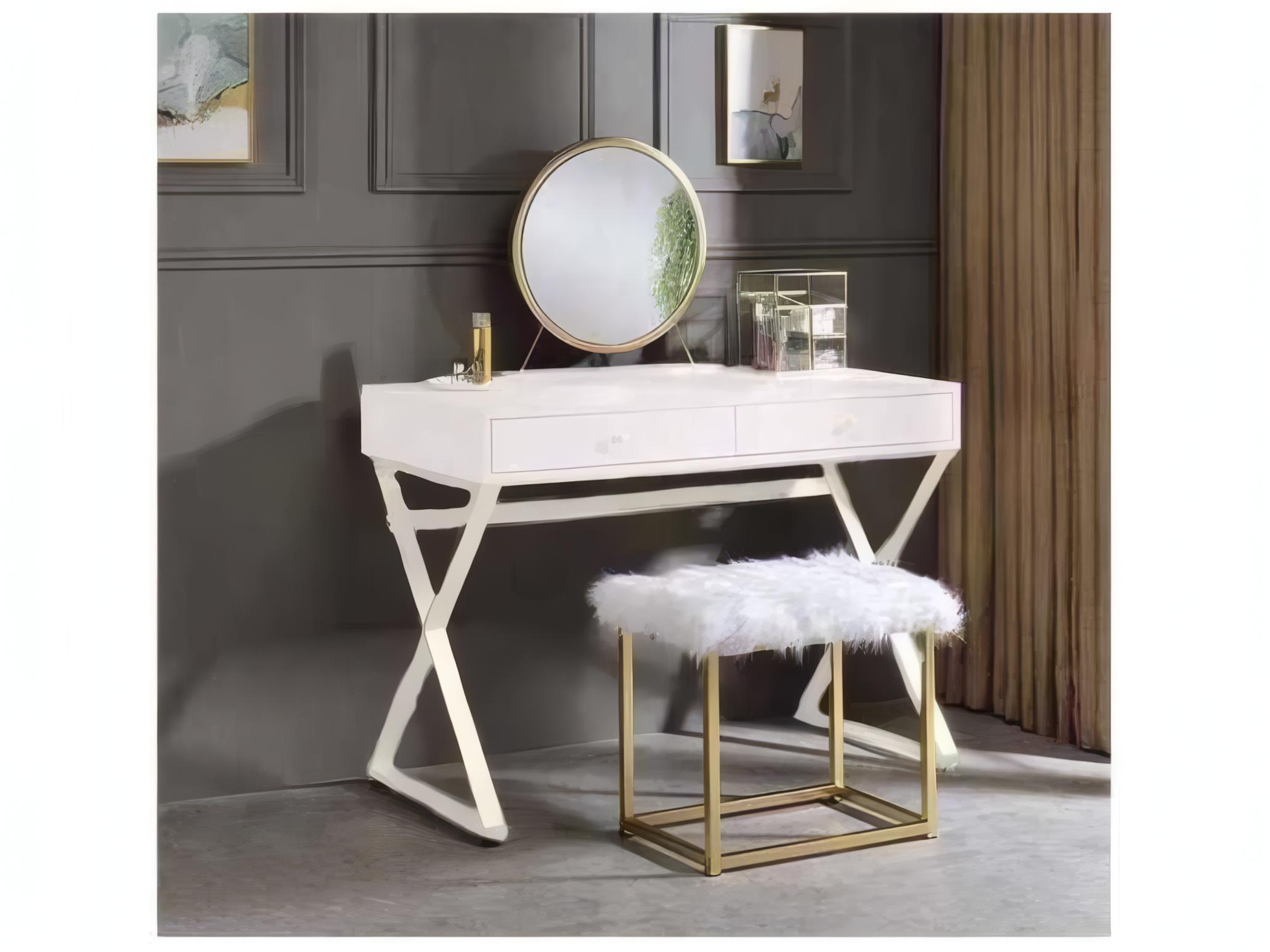 Acme Furniture Adao Faux Fur Mirror Pink Gold White Upholstered Accent Stool