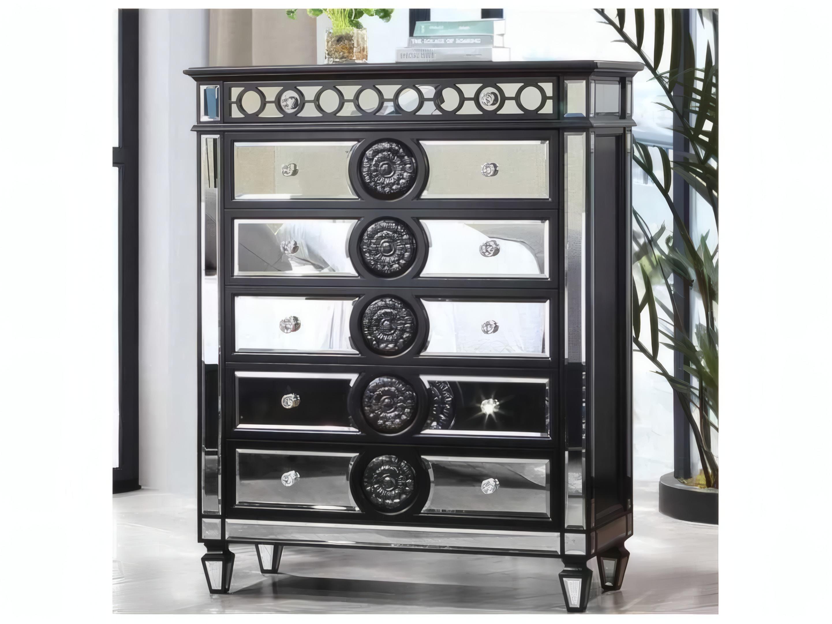 Acme Furniture Varian Mirrored Black Silver Pine Wood Accent Chest