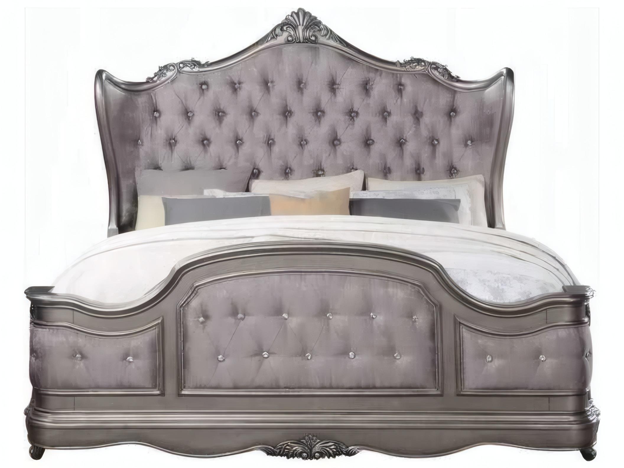 Acme Furniture Ariadne Velvet Antique Platinum Silver Birch Wood Upholstered King Panel Bed