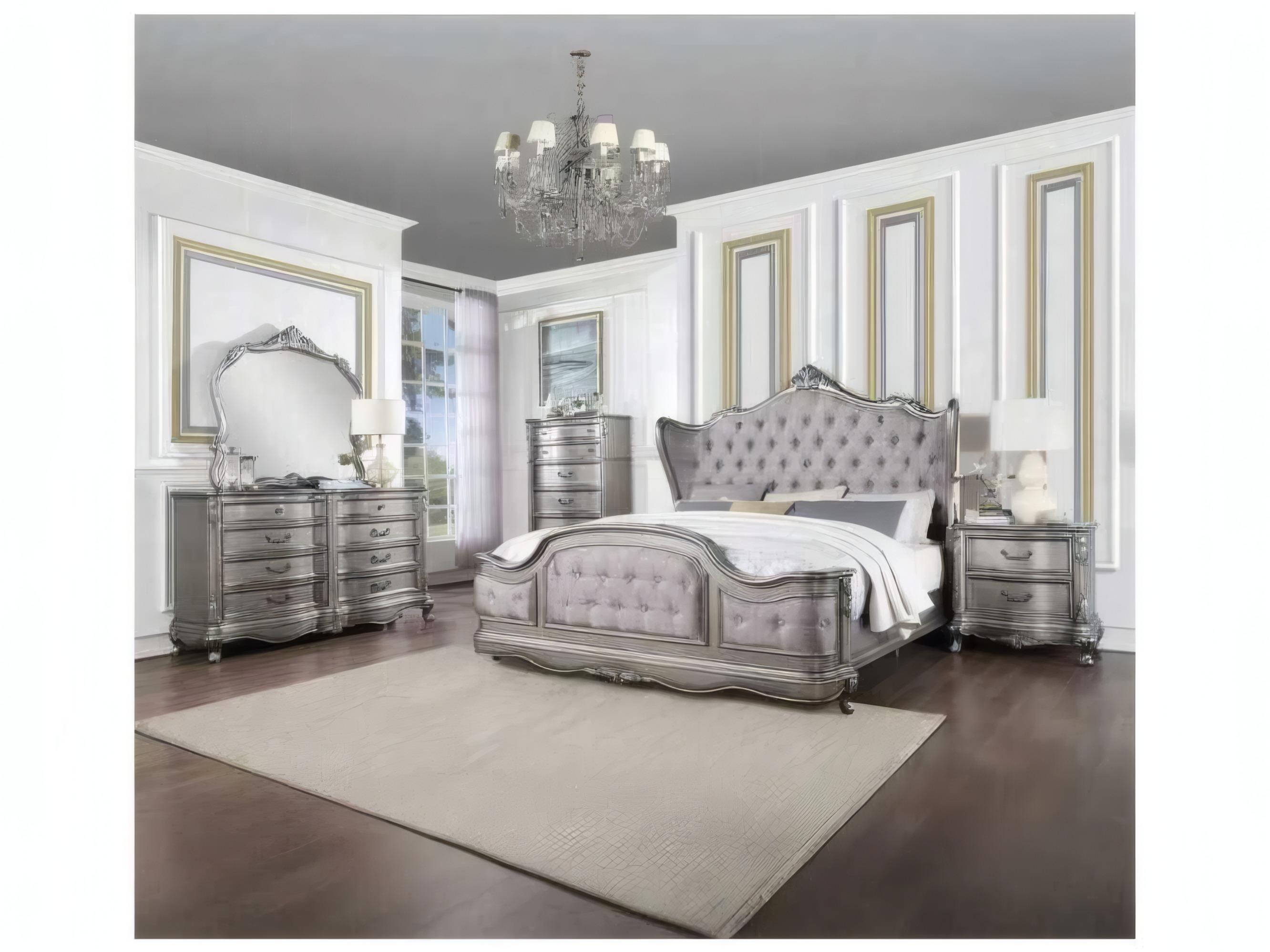 Acme Furniture Ariadne Velvet Antique Platinum Silver Birch Wood Upholstered King Panel Bed