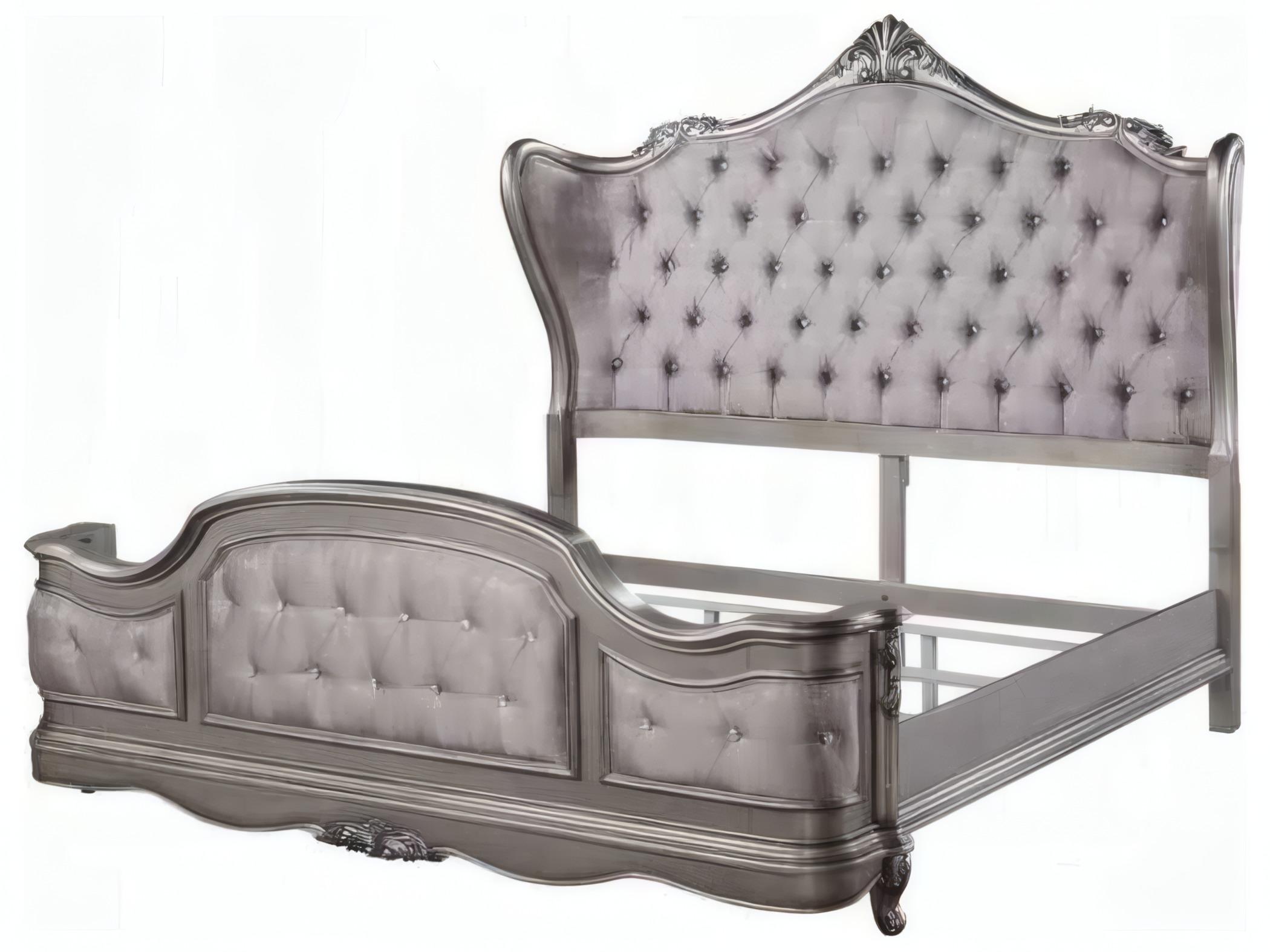 Acme Furniture Ariadne Velvet Antique Platinum Silver Birch Wood Upholstered Queen Panel Bed