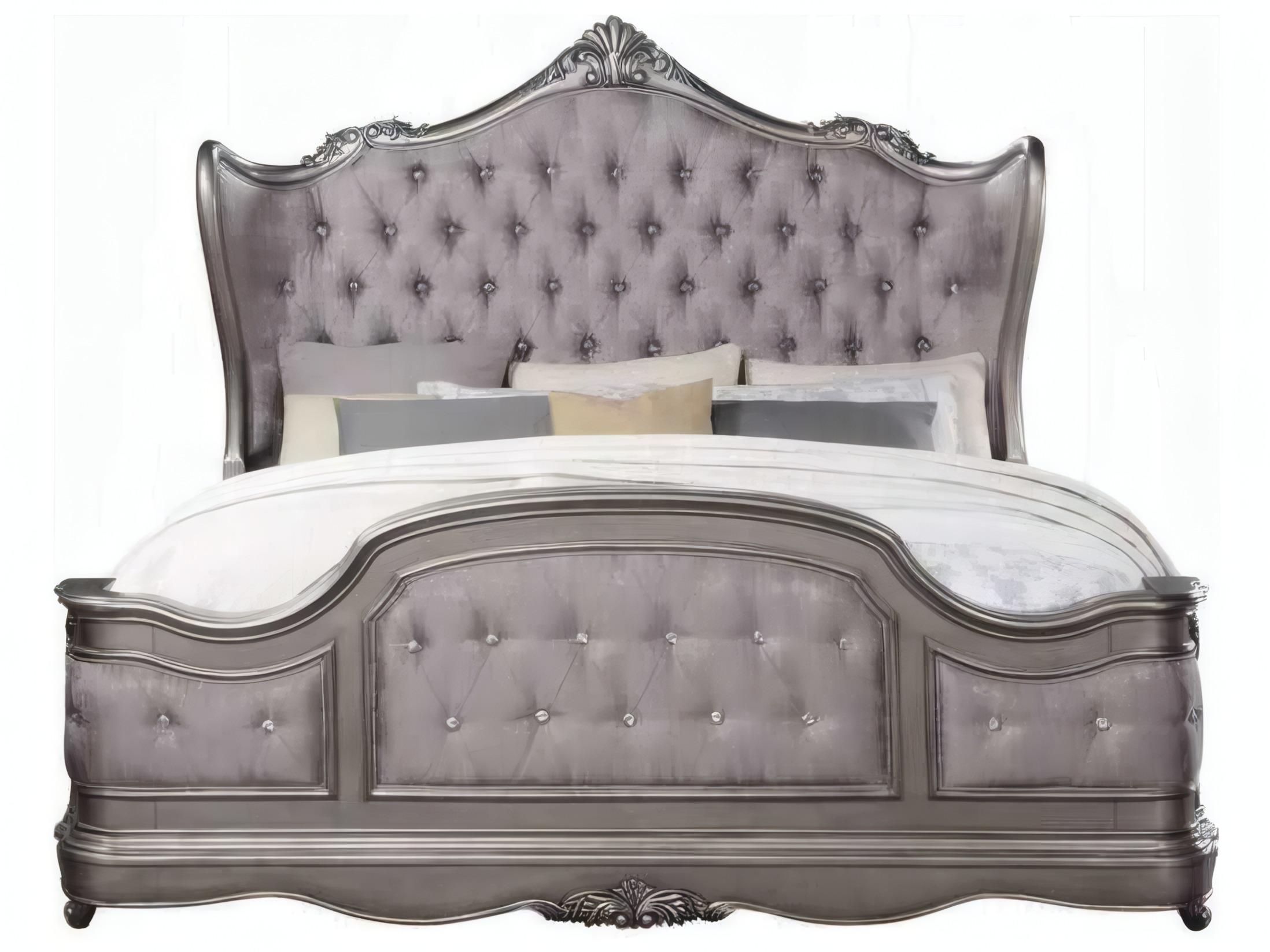 Acme Furniture Ariadne Velvet Antique Platinum Silver Birch Wood Upholstered Queen Panel Bed