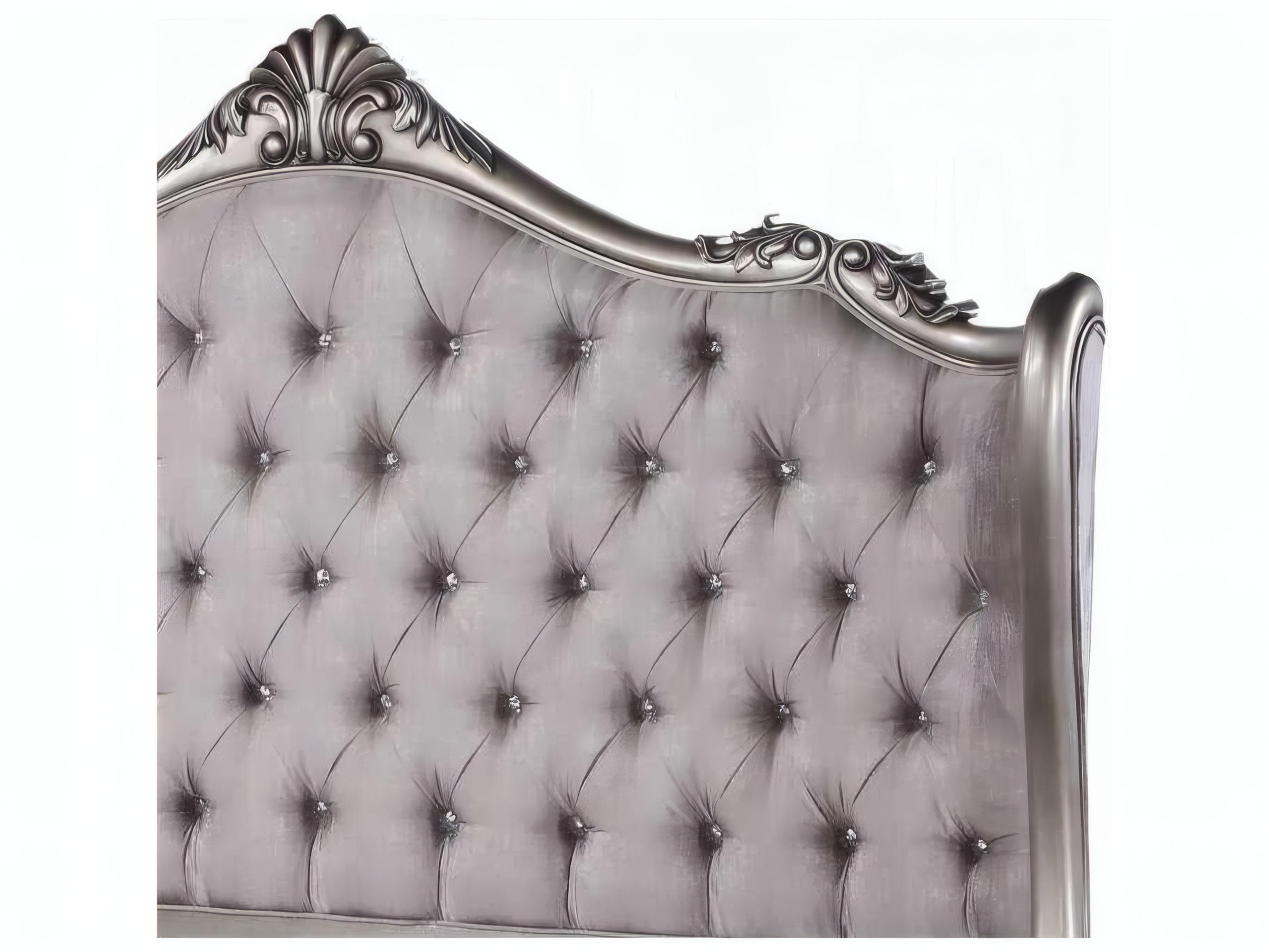 Acme Furniture Ariadne Velvet Antique Platinum Silver Birch Wood Upholstered Queen Panel Bed