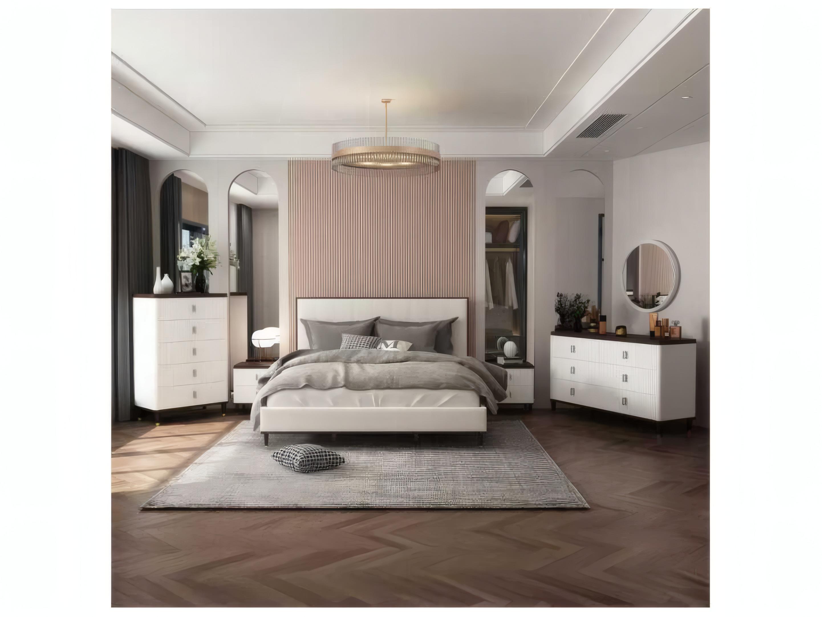 Acme Furniture Carena Light Gray Fabric White Walnut Pine Wood Upholstered King Platform Bed