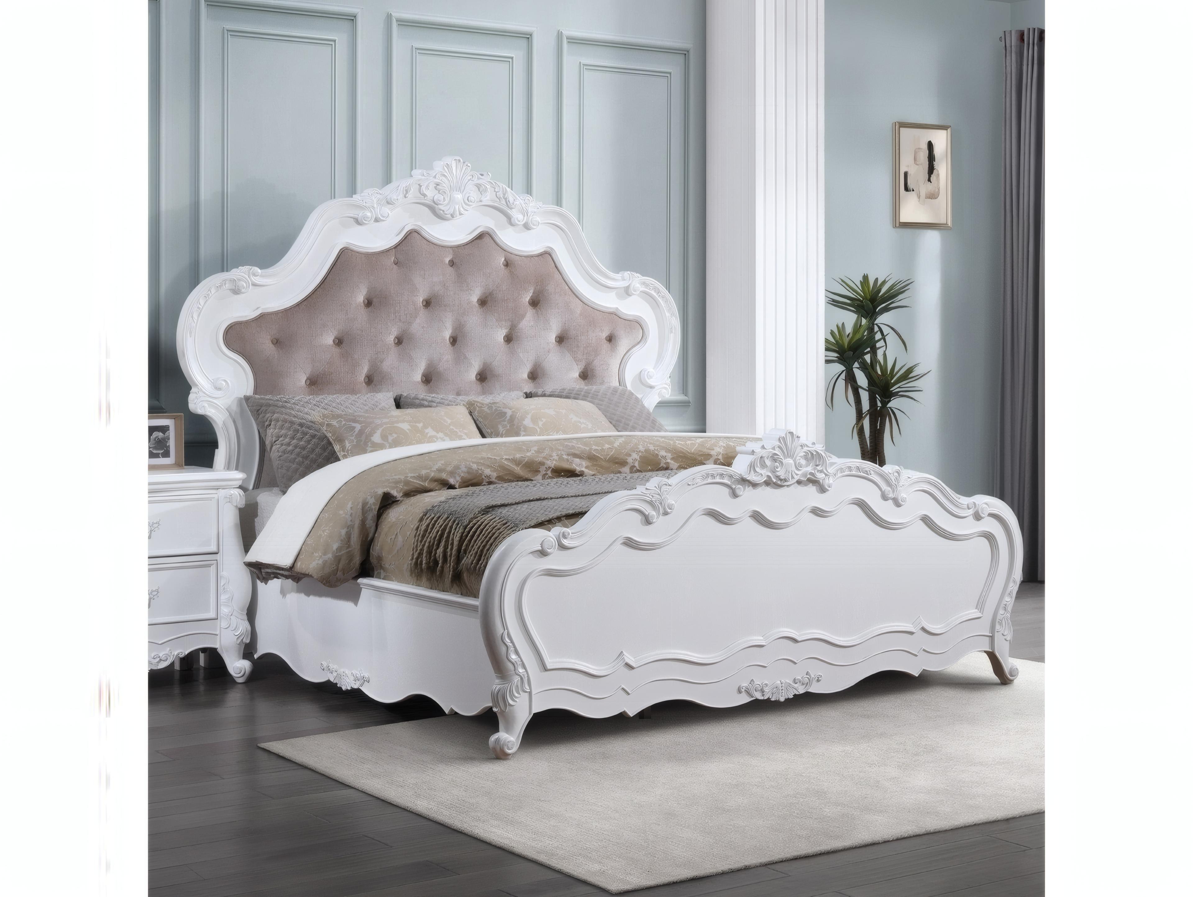 Acme Furniture Latisha White Hardwood Upholstered Queen Panel Bed