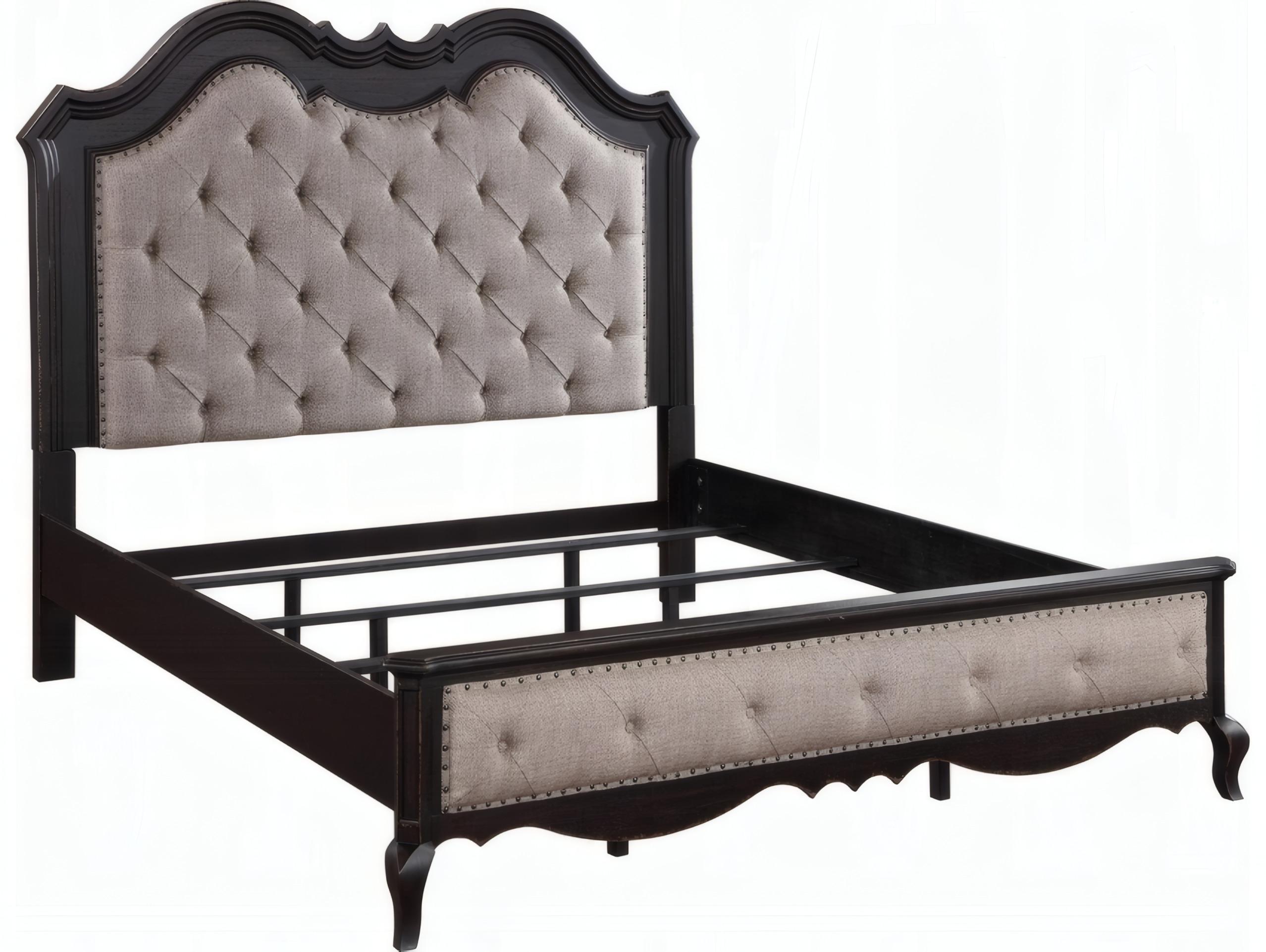 Acme Furniture Chelmsford Beige Fabric Antique Black Rubberwood Upholstered King Platform Bed